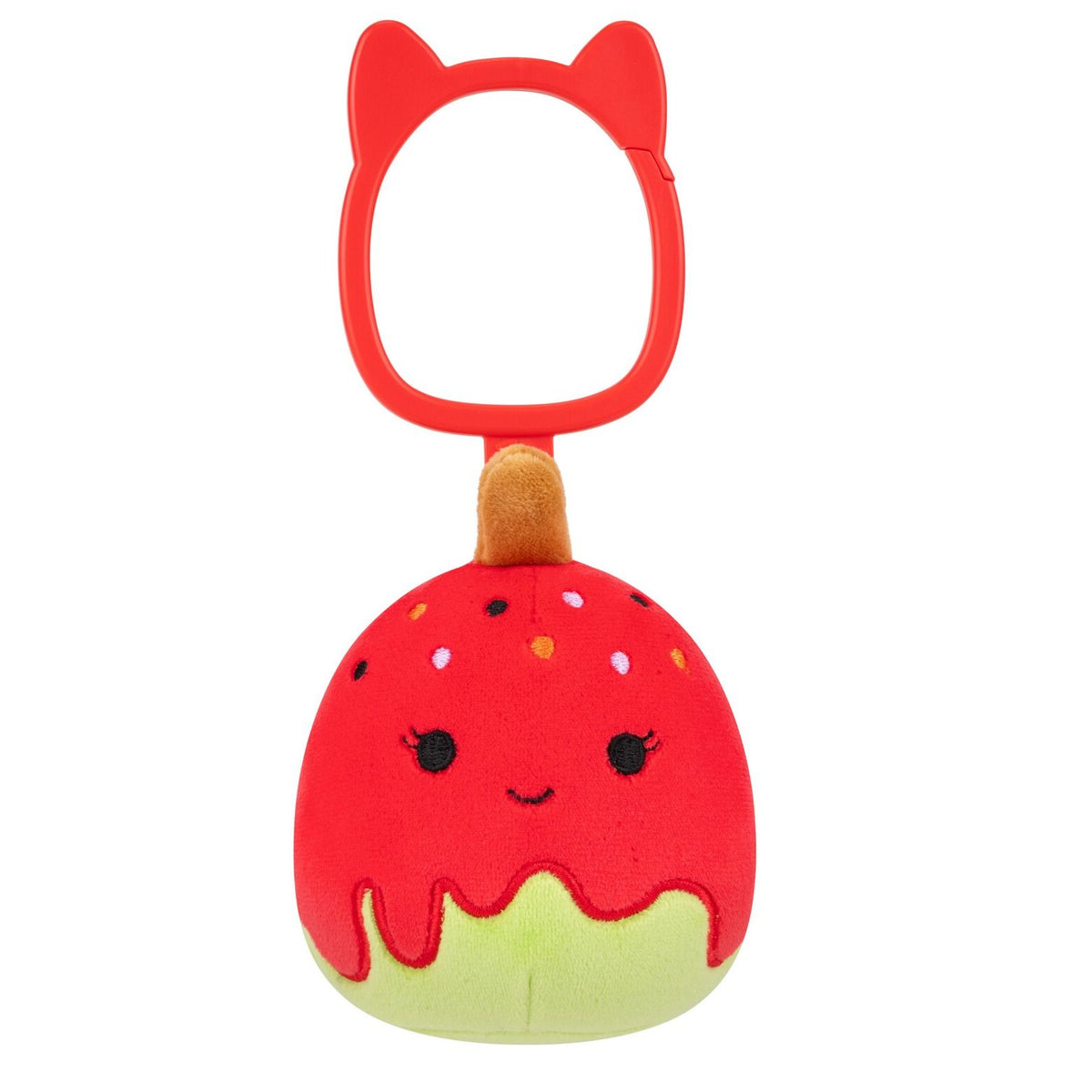 Squishmallows Keir candy apple clip with red and green plush and cat-ear keyring