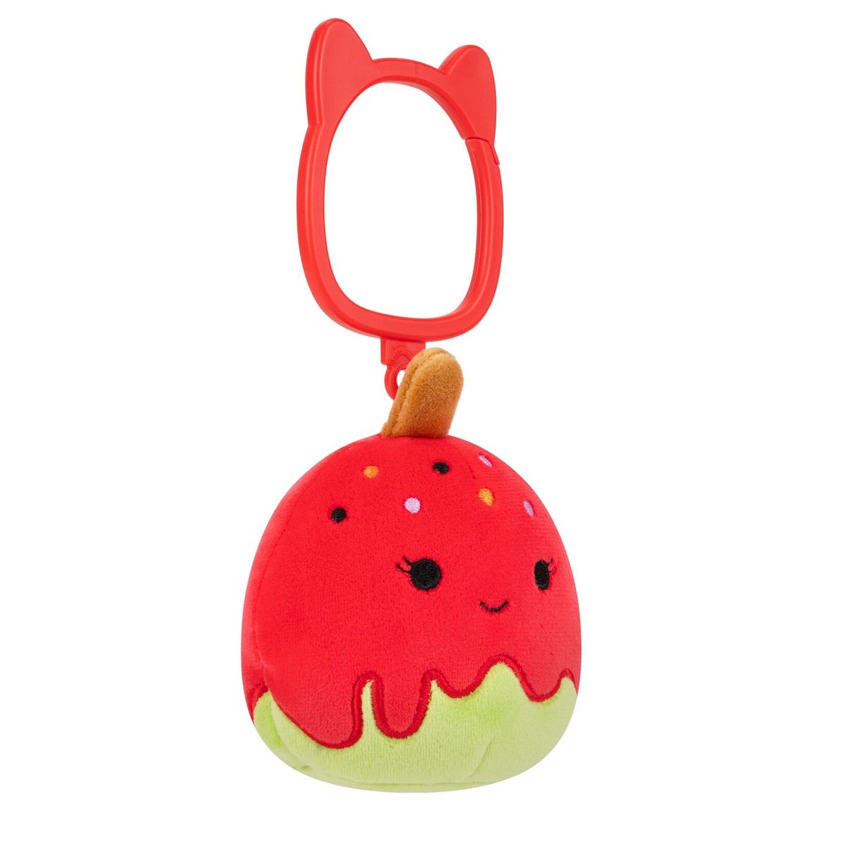 Side view of Squishmallows Keir candy apple clip with red and green plush and cat-ear keyring