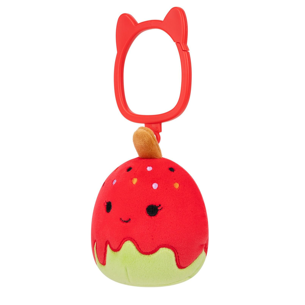 Side view of Squishmallows Keir candy apple clip with red and green plush and cat-ear keyring