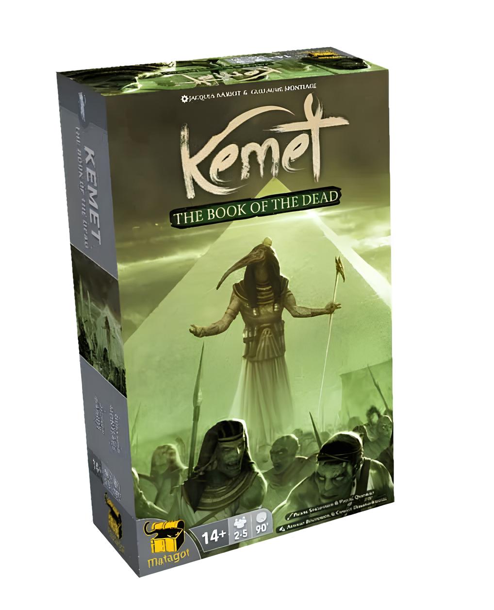 Kemet: The Book of the Dead board game box. Art features an Egyptian bird-headed deity, pyramid and warriors
