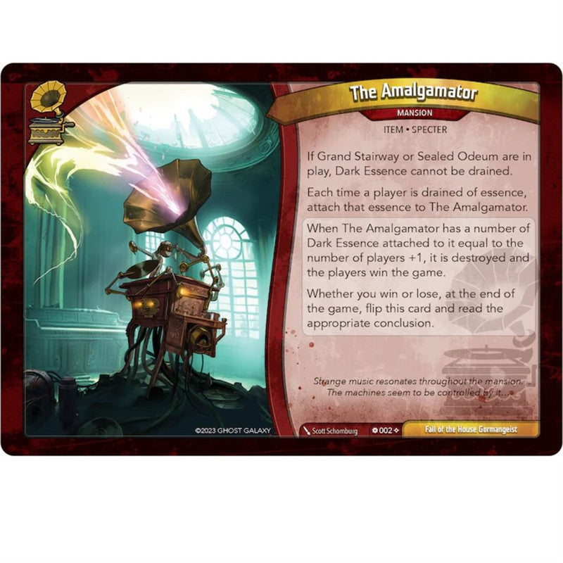KeyForge Adventure Fall of House Gormangeist box back displaying game information and cards