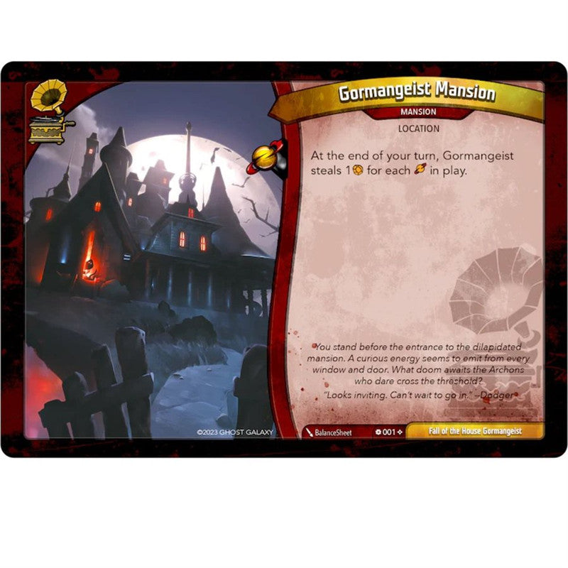 KeyForge Adventure Fall of House Gormangeist game pieces and cards spread on a table