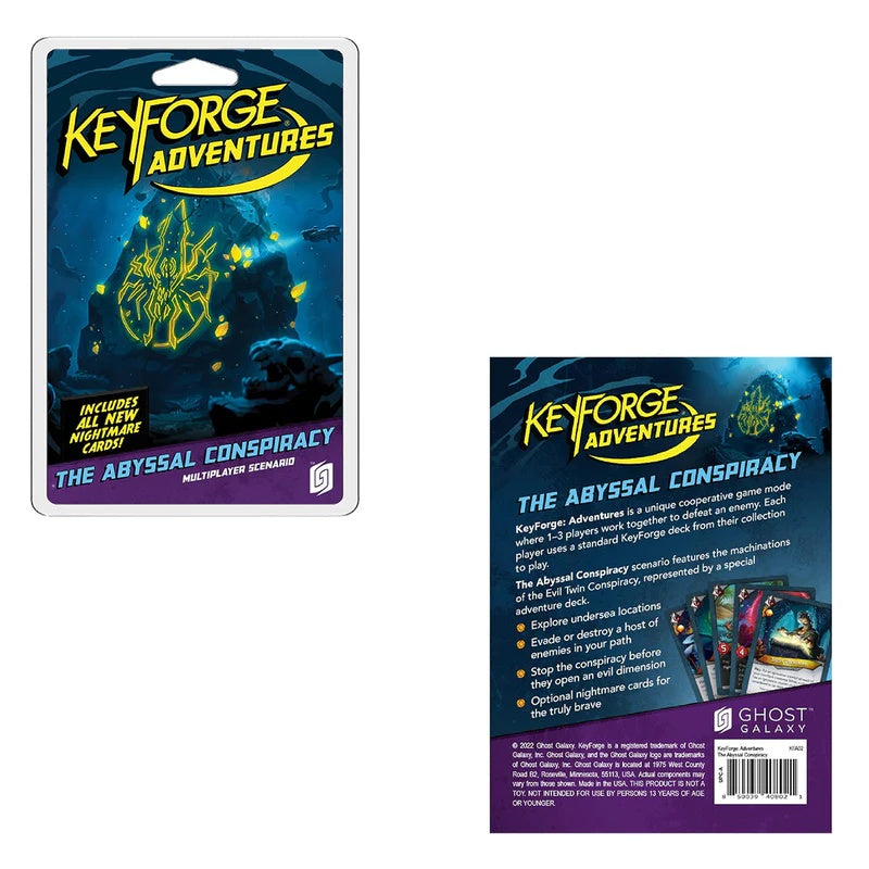 KeyForge Adventure The Abyssal Conspiracy card game setup with cards laid out on a table