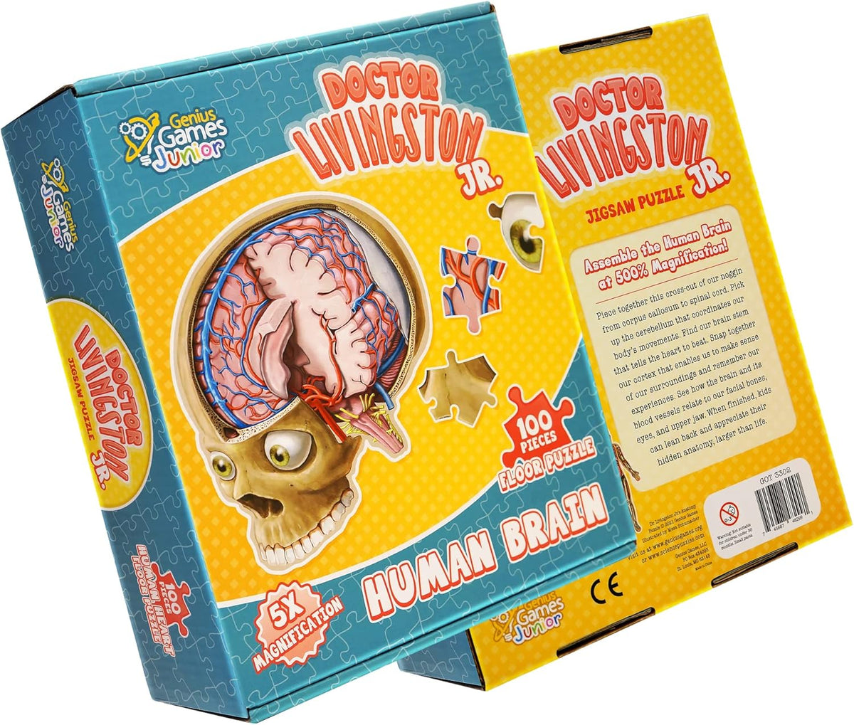 Front and back view of a &quot;Doctor Livingston Jr. Human Brain&quot; 100-piece jigsaw puzzle box with a detailed brain illustration