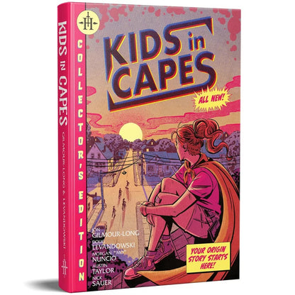 Cover for Kids in Capes: a girl in a cape overlooks a suburban street with kids on bikes at sunset