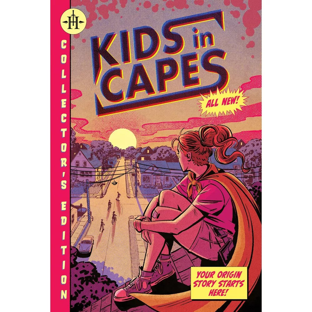 Comic cover: Caped person on rooftop overlooks sunset-lit street with playing kids. Title: "Kids in Capes"
