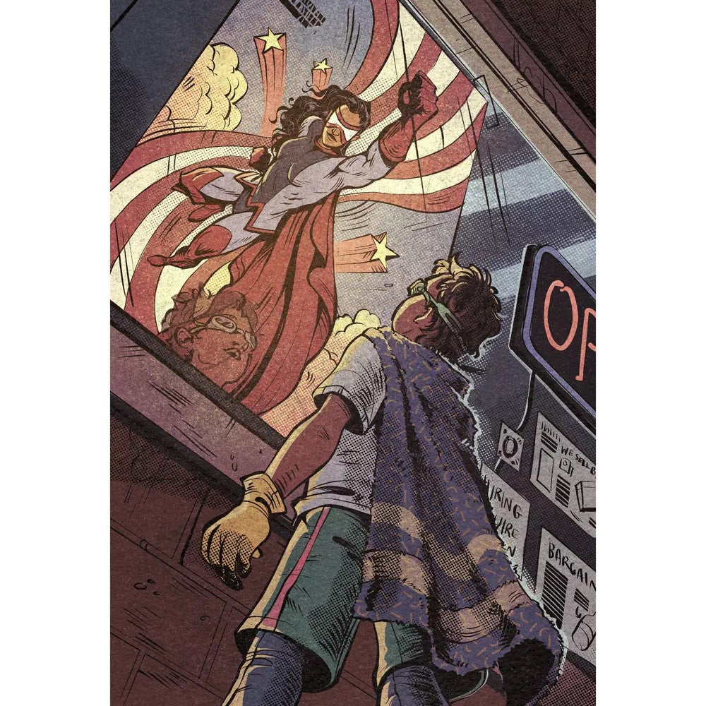 Youth in a blanket-cape and goggles looks up at a flying superhero on a flag-themed wall mural