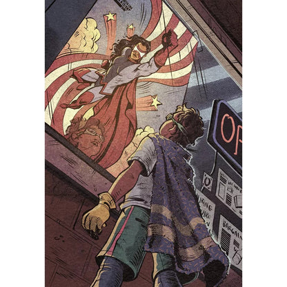Youth in a blanket-cape and goggles looks up at a flying superhero on a flag-themed wall mural