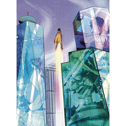 Caped superhero with a fiery boost flies upwards between tall, reflective city buildings displaying various people inside