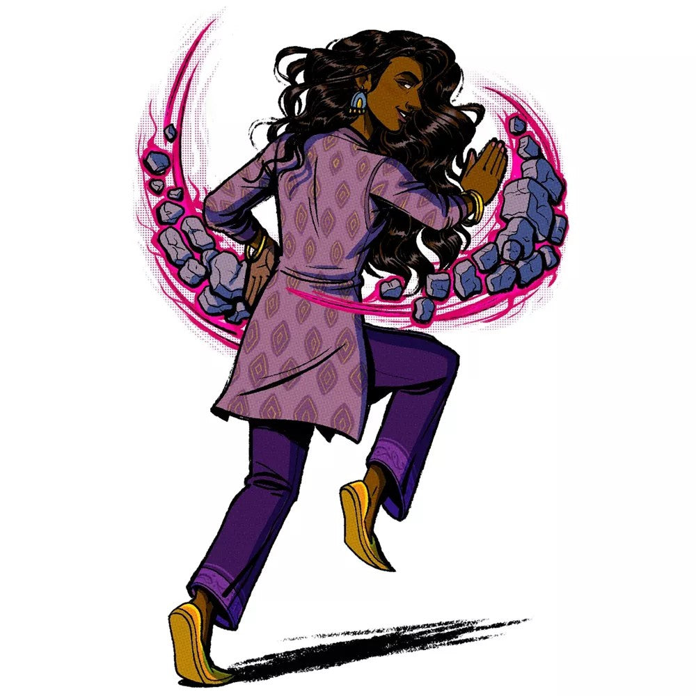 Dark-skinned woman in purple runs, summoning an arc of floating rocks with pink energy
