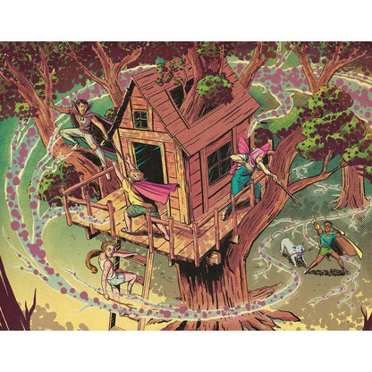 Illustration: Costumed kids play heroically around a treehouse with a dog, surrounded by magical energy