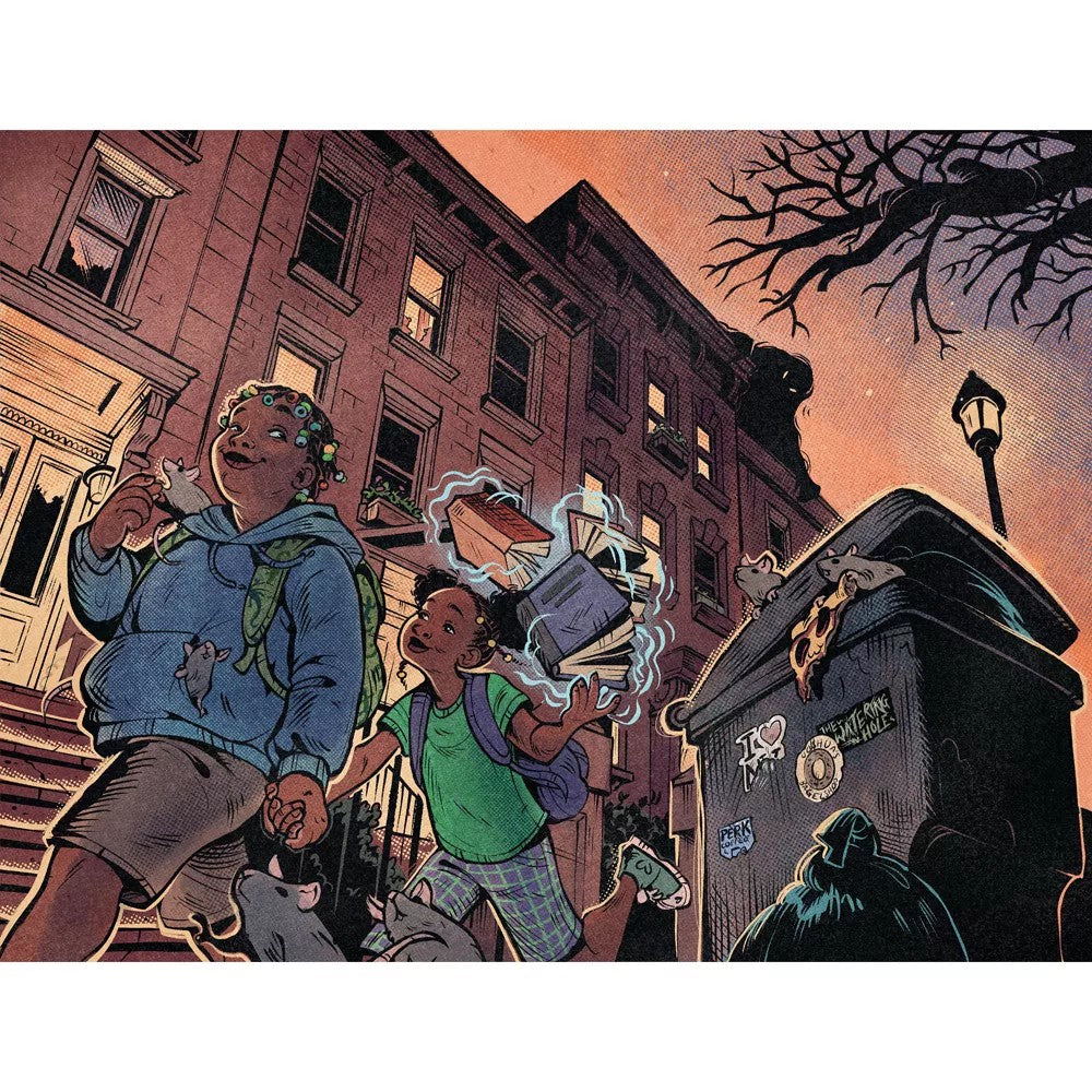 Two girls on a city street at dusk. One magically levitates books; the other walks with rats