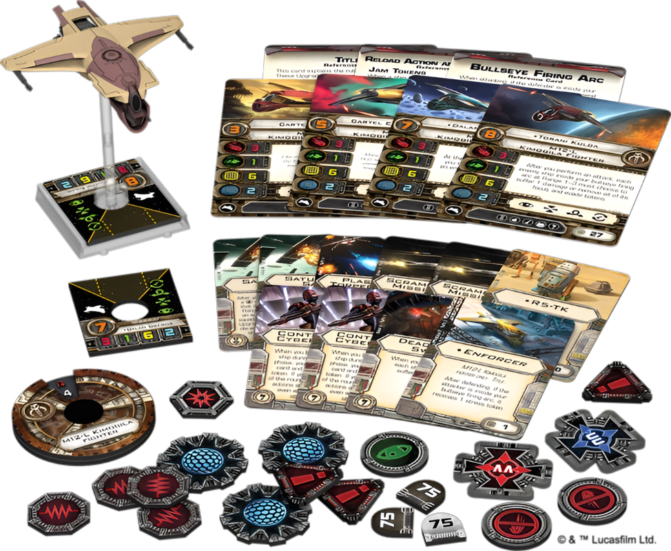 Components for Star Wars X-Wing Miniatures Game, featuring a Kimogila Fighter ship, cards, and various tokens