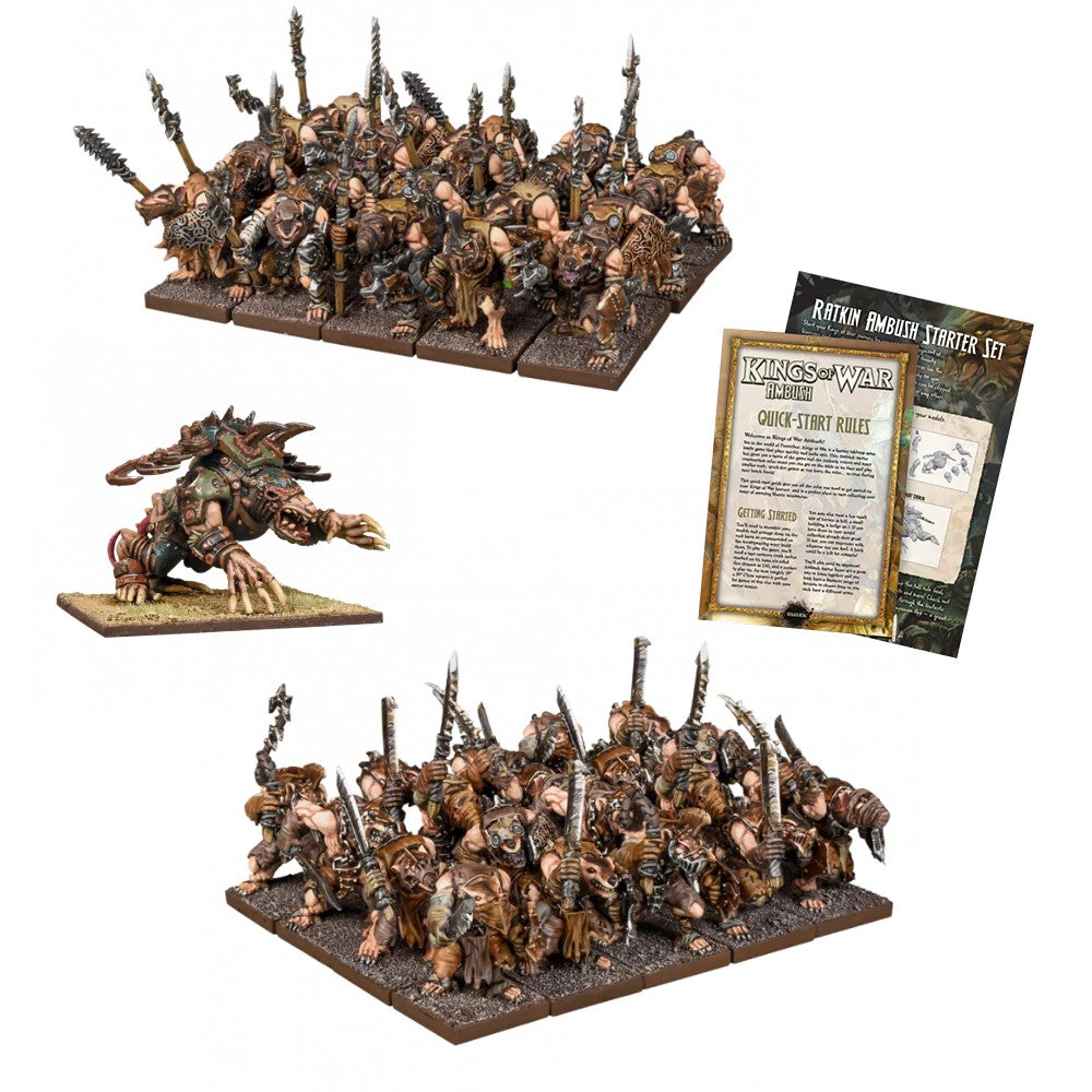 Kings of War Ratkin Ambush Starter Set: Two units of rat-like warrior figures, a large mutated monster, and rulebooks