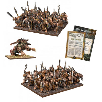 Kings of War Ratkin Ambush Starter Set: Two units of rat-like warrior figures, a large mutated monster, and rulebooks