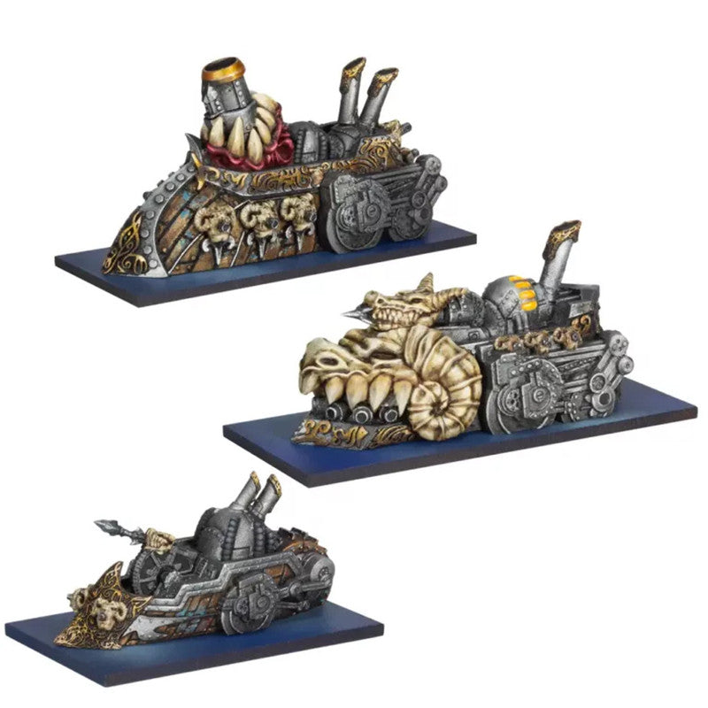 Unboxed miniatures from Abyssal Dwarf Starter Fleet arranged for display