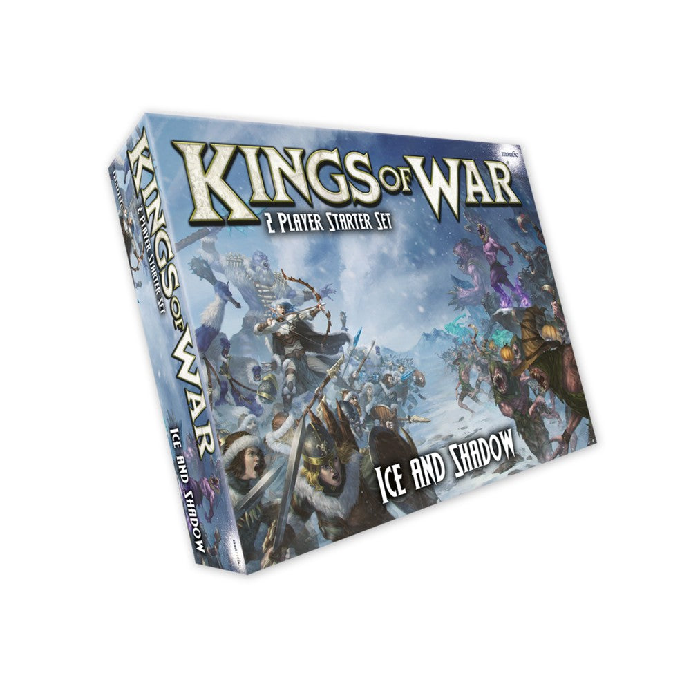 Kings of War: Ice and Shadow Starter Set box cover art depicts a snowy battle between armored warriors and shadowy monsters
