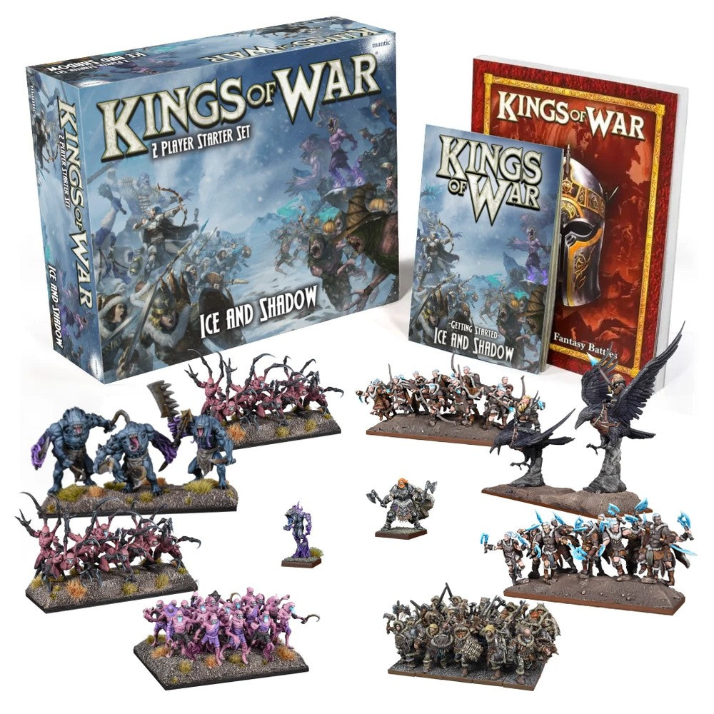 Kings of War Ice and Shadow 2-player starter set with game box, rulebooks, and various painted fantasy wargame miniatures
