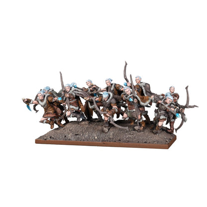 A unit of fantasy miniature archers in fur clothing, running and aiming bows with glowing blue arrows