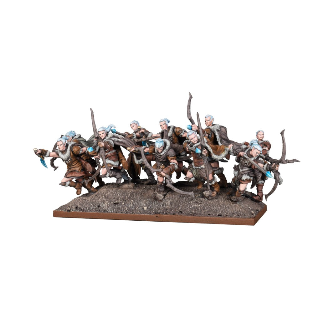 A unit of fantasy miniature archers in fur clothing, running and aiming bows with glowing blue arrows