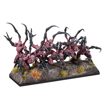 Seven pink, multi-limbed monstrous miniature figures with scythe-like claws and gaping mouths advance on a textured base