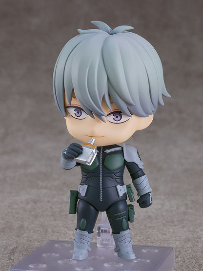 Kaiju No 8 Nendoroid Reno Ichikawa figure in dark gray and green uniform holding a small bottle