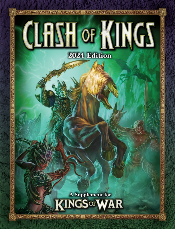 Kings of War Clash of Kings 2024 cover featuring fantasy warriors in battle