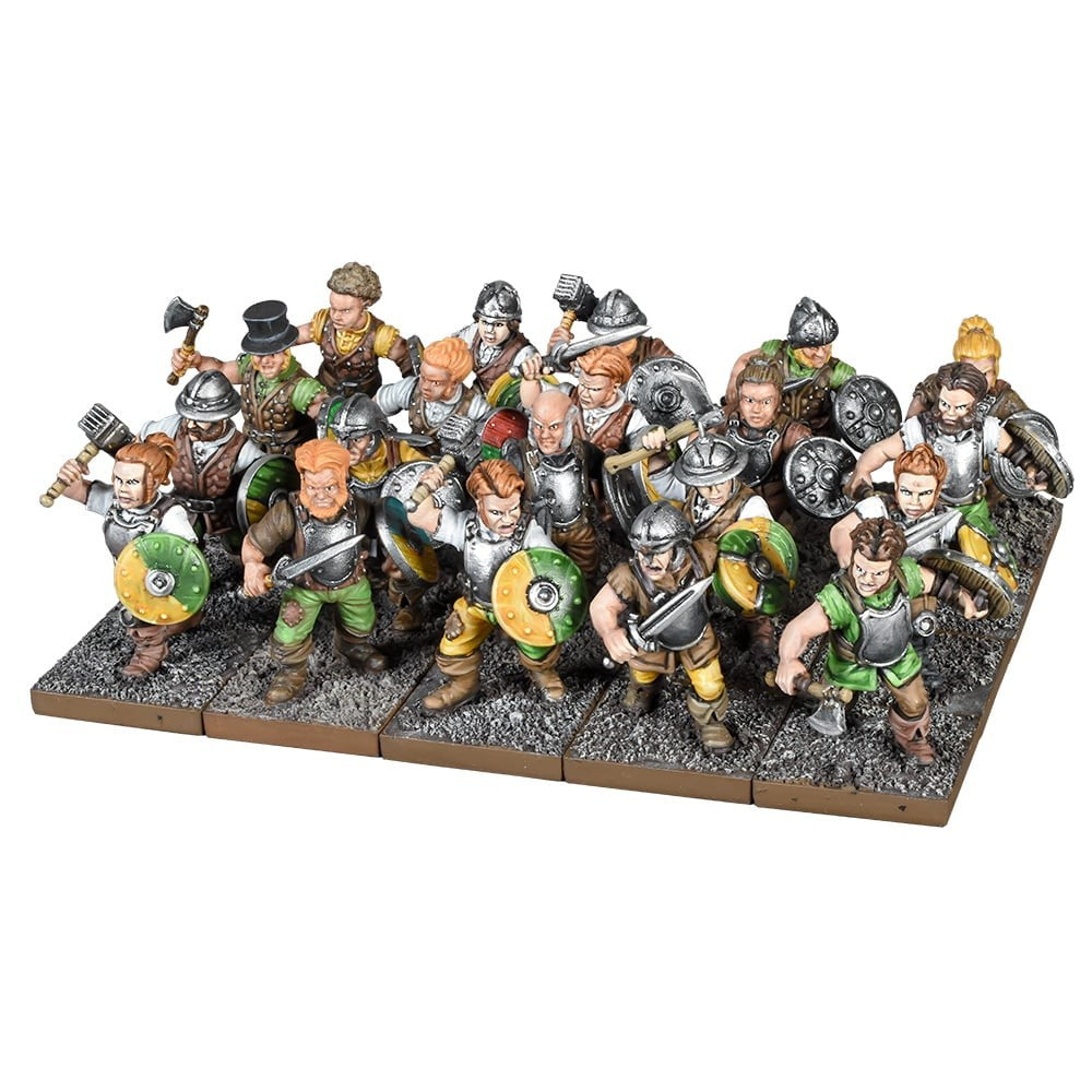 A unit of painted fantasy miniatures, depicting armored warriors armed with axes, hammers, swords, and shields