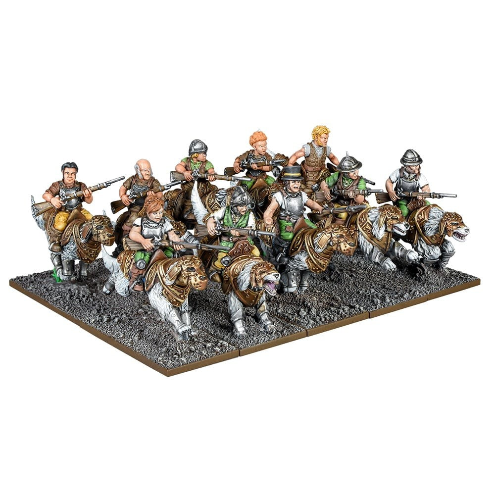 Miniature soldiers riding armored lion-dogs, armed with rifles, advancing on a textured base