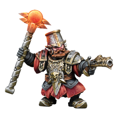 Kings of War Abyssal Dwarf Hellfane miniature figure, gold and silver armor, red accents