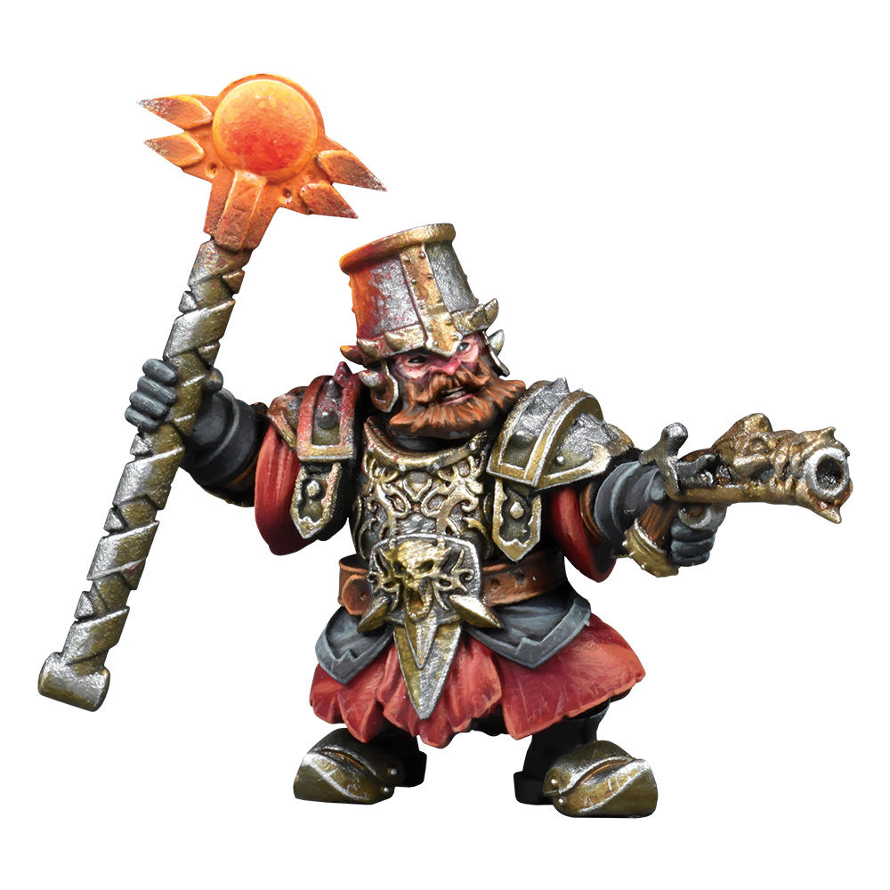 Kings of War Abyssal Dwarf Hellfane miniature figure, gold and silver armor, red accents