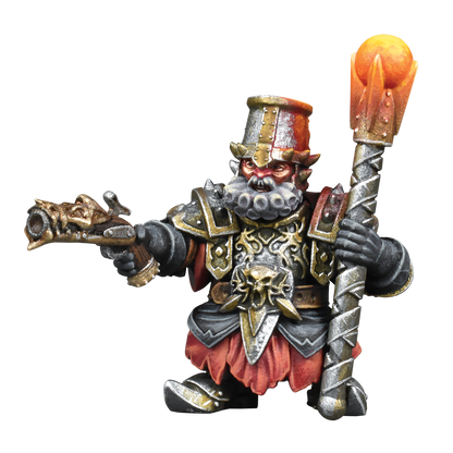Kings of War Abyssal Dwarf Hellfane miniature holding flintlock pistol & staff, dark grey and gold armor, red kilt