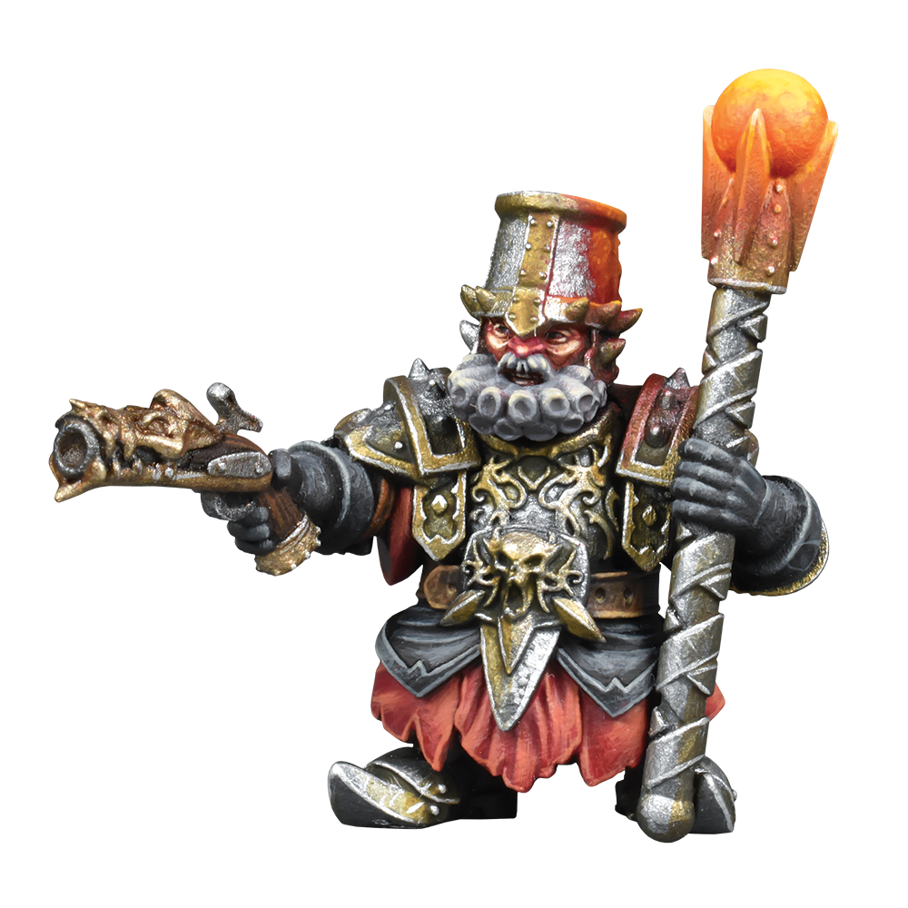 Kings of War Abyssal Dwarf Hellfane miniature holding flintlock pistol &amp; staff, dark grey and gold armor, red kilt