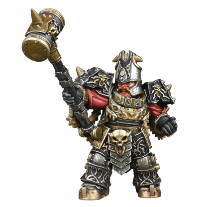 Kings of War Abyssal Dwarf Hellfane miniature with large gold and black hammer and ornate gold armor