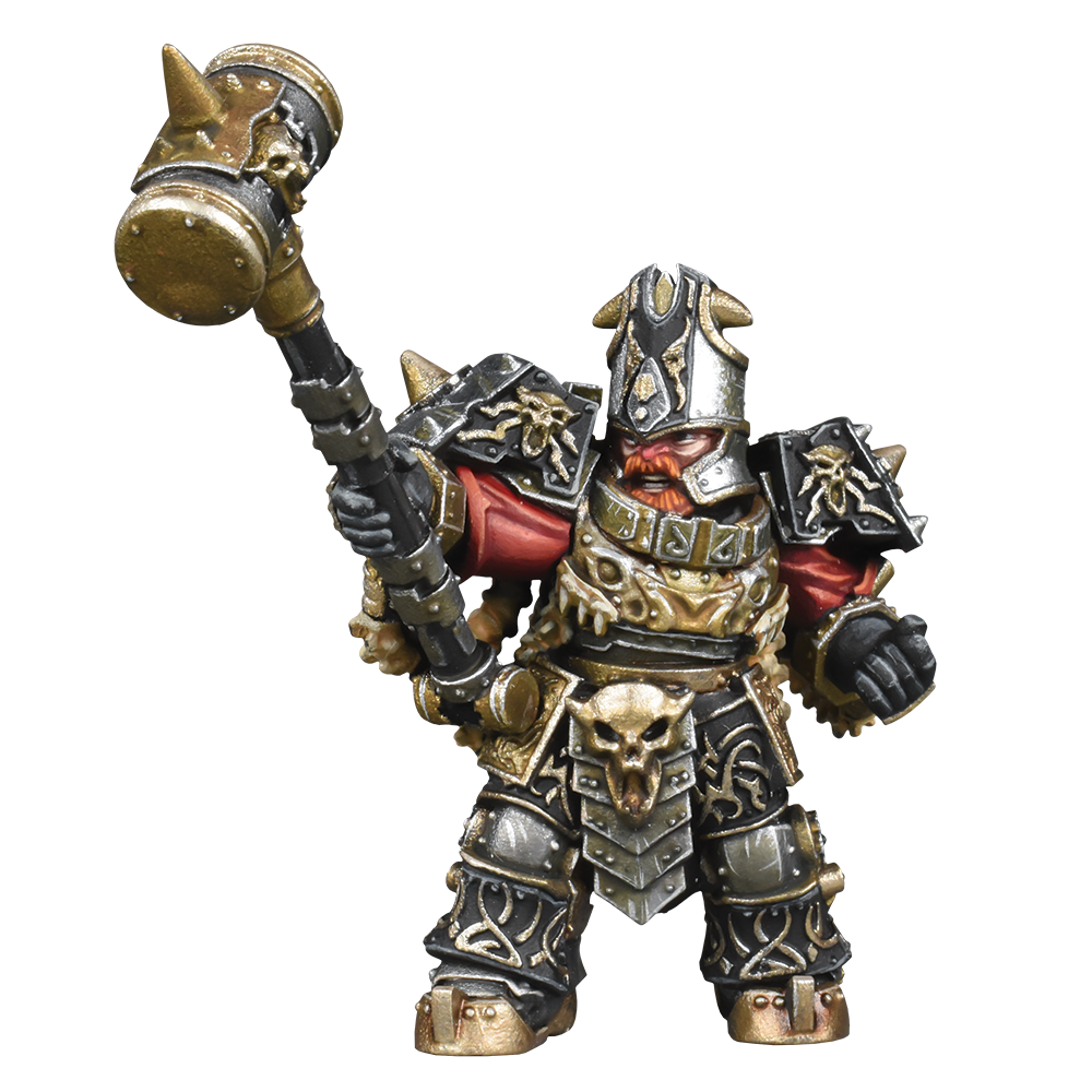 Kings of War Abyssal Dwarf Hellfane miniature with large gold and black hammer and ornate gold armor