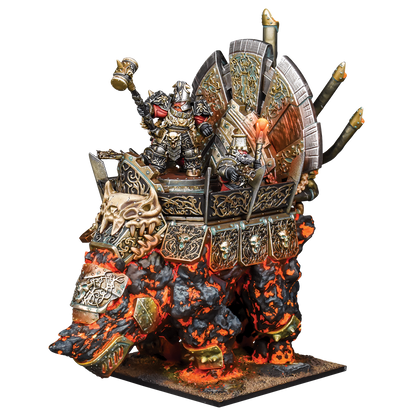 Kings of War Abyssal Dwarf Hellfane resin miniature with lava-detailed golem, chariot, and two dwarf riders