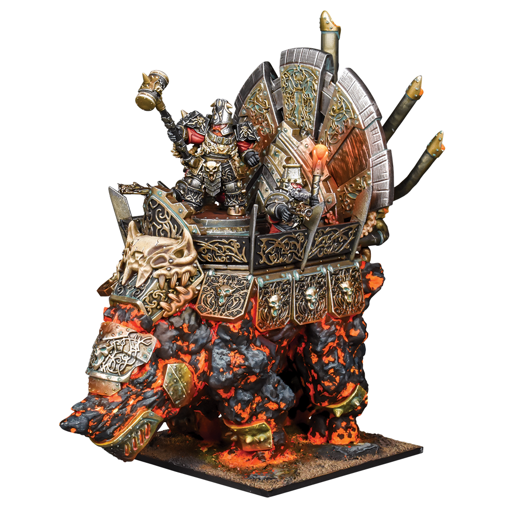 Kings of War Abyssal Dwarf Hellfane resin miniature with lava-detailed golem, chariot, and two dwarf riders
