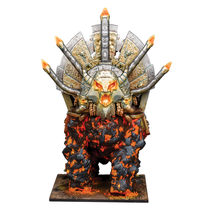 Kings of War Abyssal Dwarf Hellfane resin miniature, featuring lava skin, skull face and ornate shield