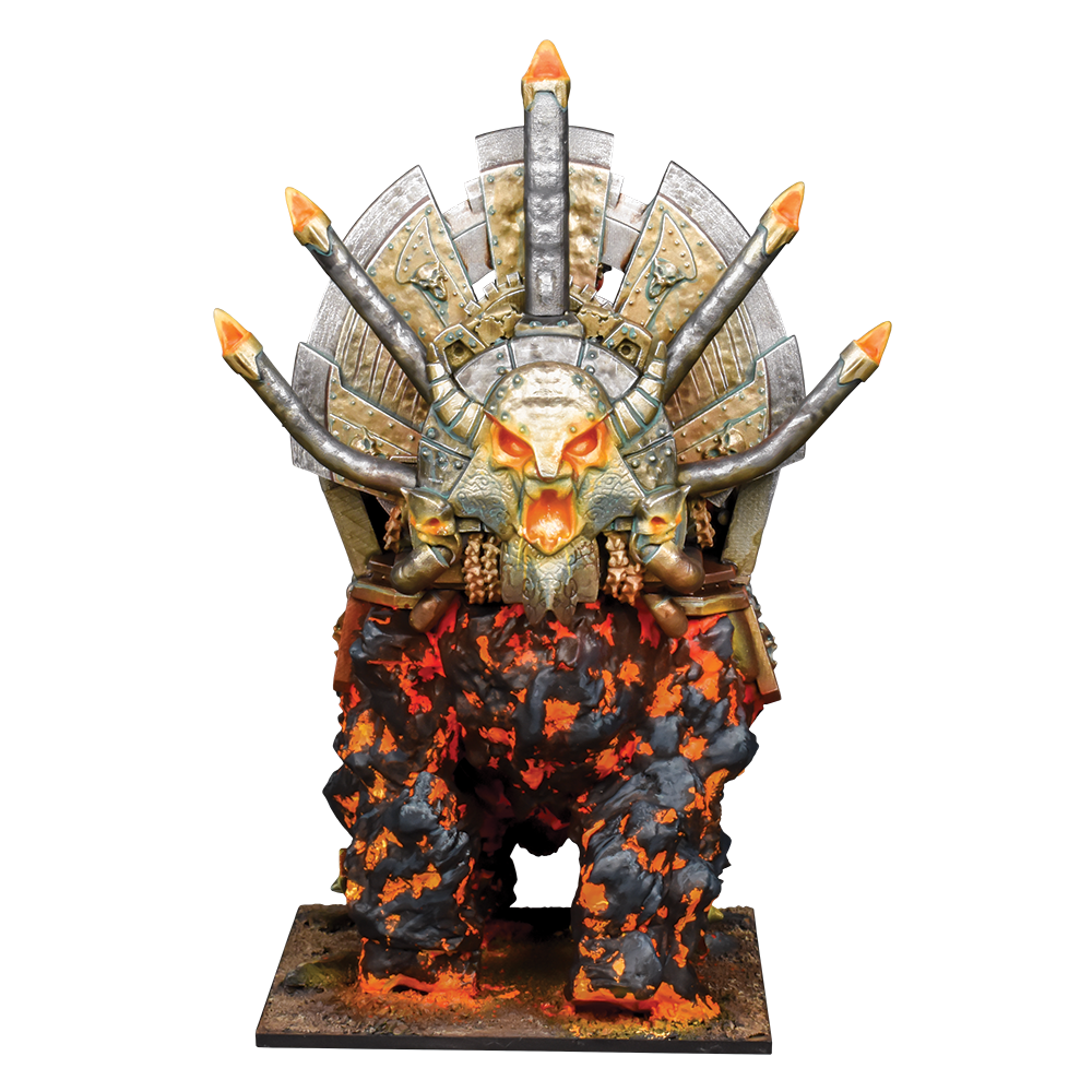 Kings of War Abyssal Dwarf Hellfane resin miniature, featuring lava skin, skull face and ornate shield