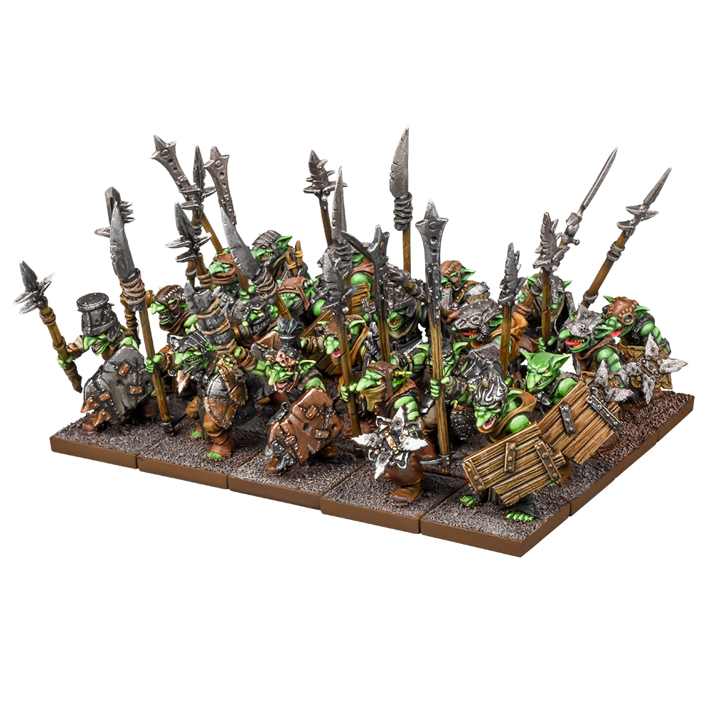 A group of green-skinned goblin miniatures in armor, holding spears and shields, ready for fantasy combat