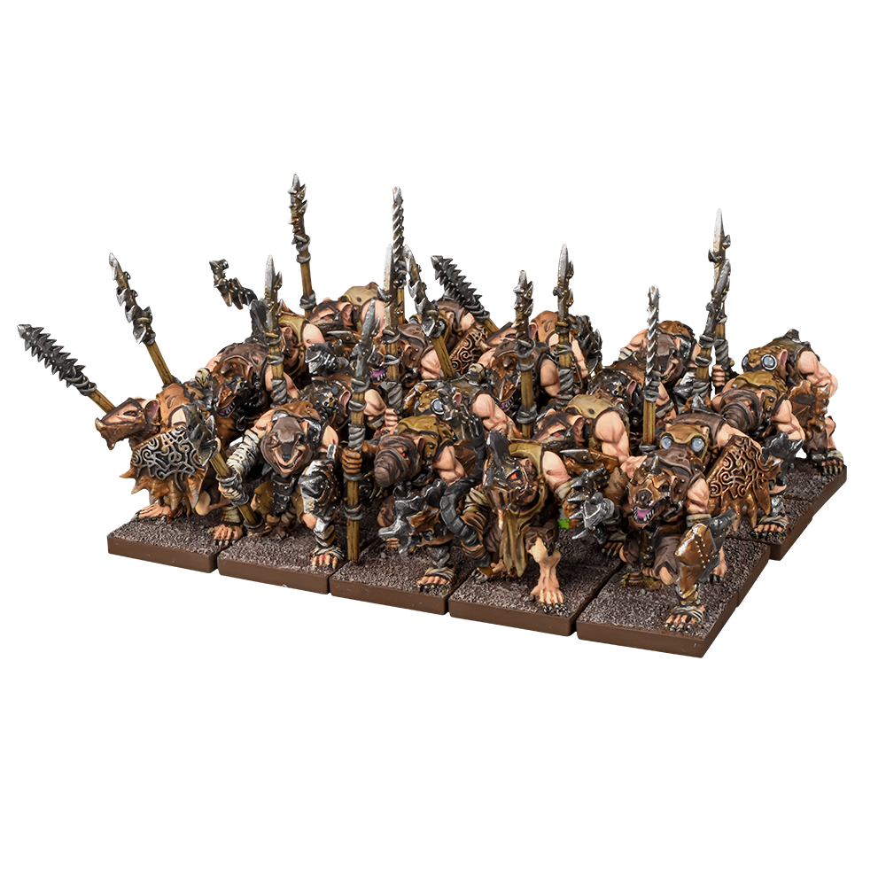 A unit of armored rat-like miniature warriors with spears, posed in a battle formation