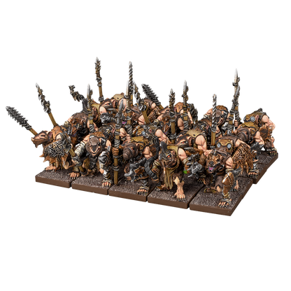 A unit of armored rat-like miniature warriors with spears, posed in a battle formation