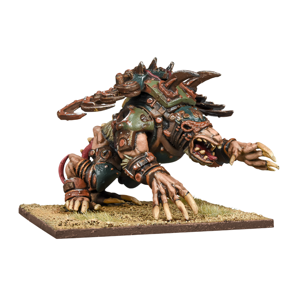 Armored fantasy monster miniature, hunched and roaring, with long claws on a textured base