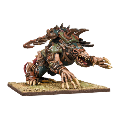Armored fantasy monster miniature, hunched and roaring, with long claws on a textured base