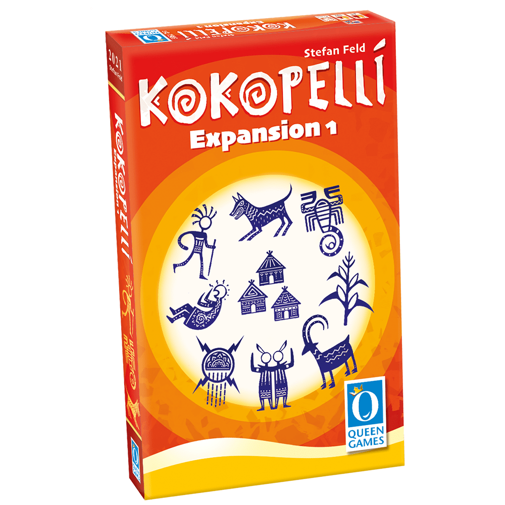 3D render of a board game expansion box with colorful tribal-style patterns and symbols