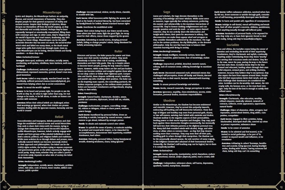 Two open book pages, black with white text, detailing 'Personality Types' from a Chapter 3 titled 'Flesh and Soul'