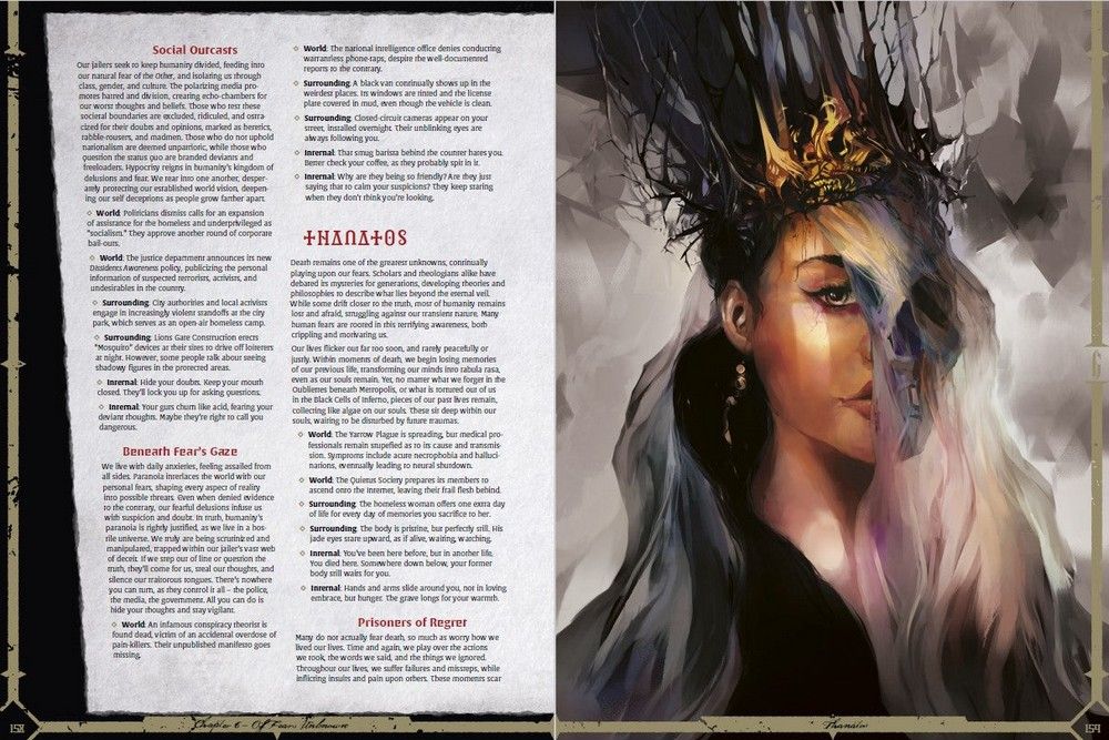 A woman with a gnarled crown, half her face a skull, gazes forward with a dark eye