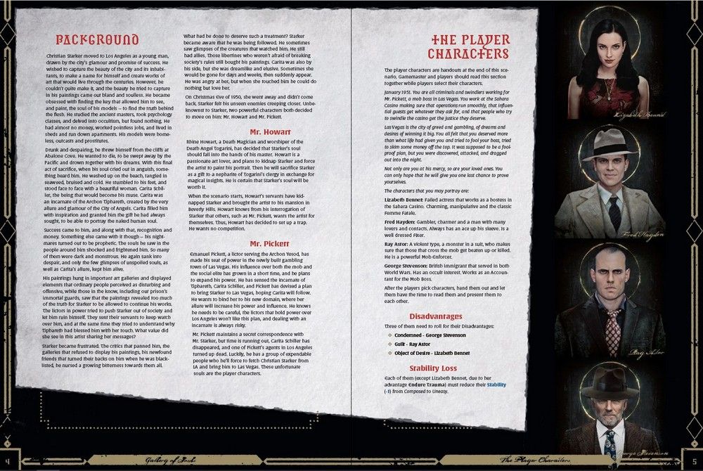 RPG page displaying character profiles, with three framed portraits: a woman, a man in a fedora, and a bald man
