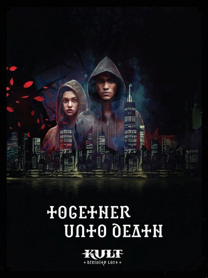 Dark poster features serious hooded man and woman over a gritty cityscape, reflected in water, with red leaves