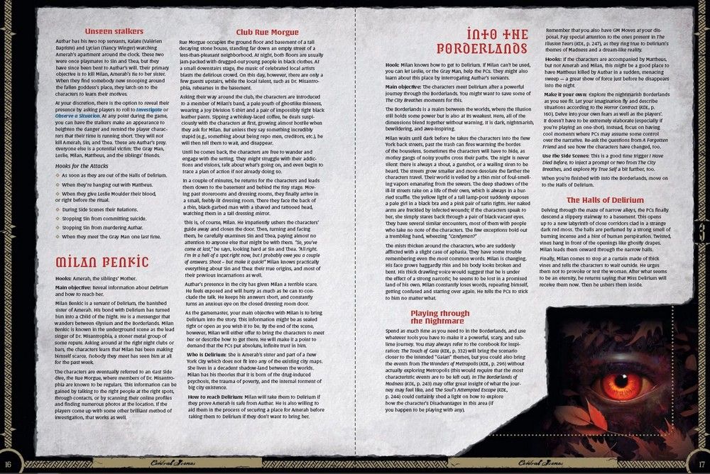 A two-page RPG book spread filled with text, featuring a large, glowing red eye surrounded by dark leaves at the bottom right